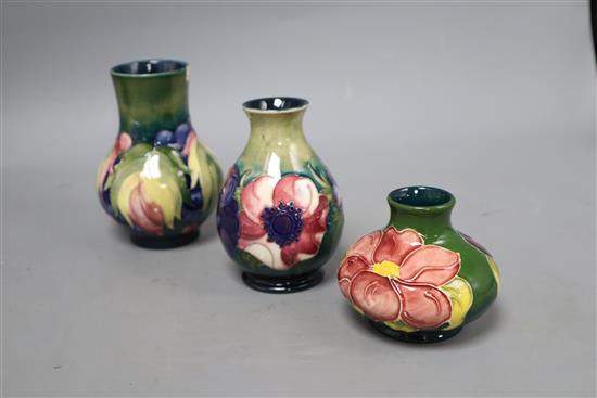 Three Moorcroft small vases, tallest 12cm
